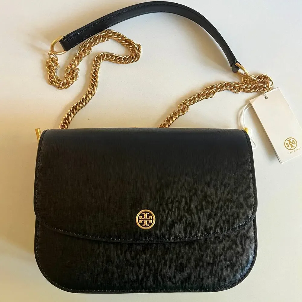 TORY BURCH NWT Robinson Convertible Shoulder Crossbody Bag, Black Leather